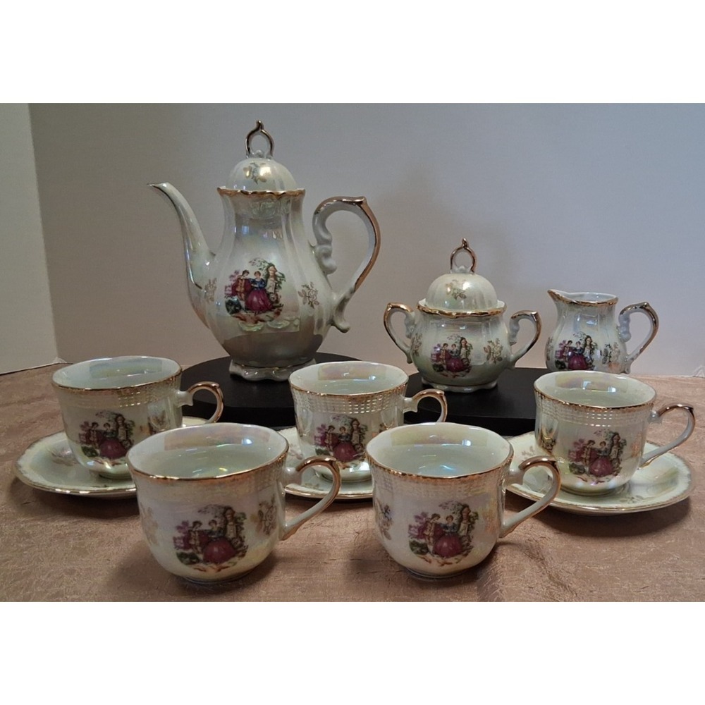 Vintage 1960s Made in Japan Courting Couple Demitasse Tea Set Gold Trim 13 Pc